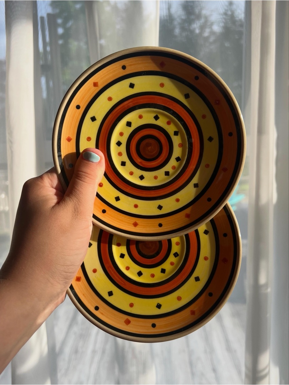 Vintage Hand Painted Polish Pottery Saucers - Retro Colors
